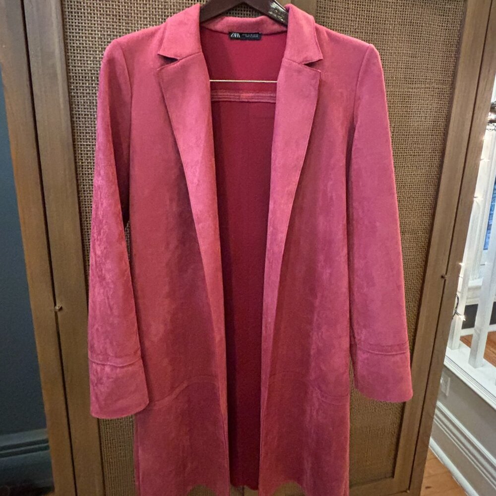 ZARA Longline Suede-Feel Jacket — Red